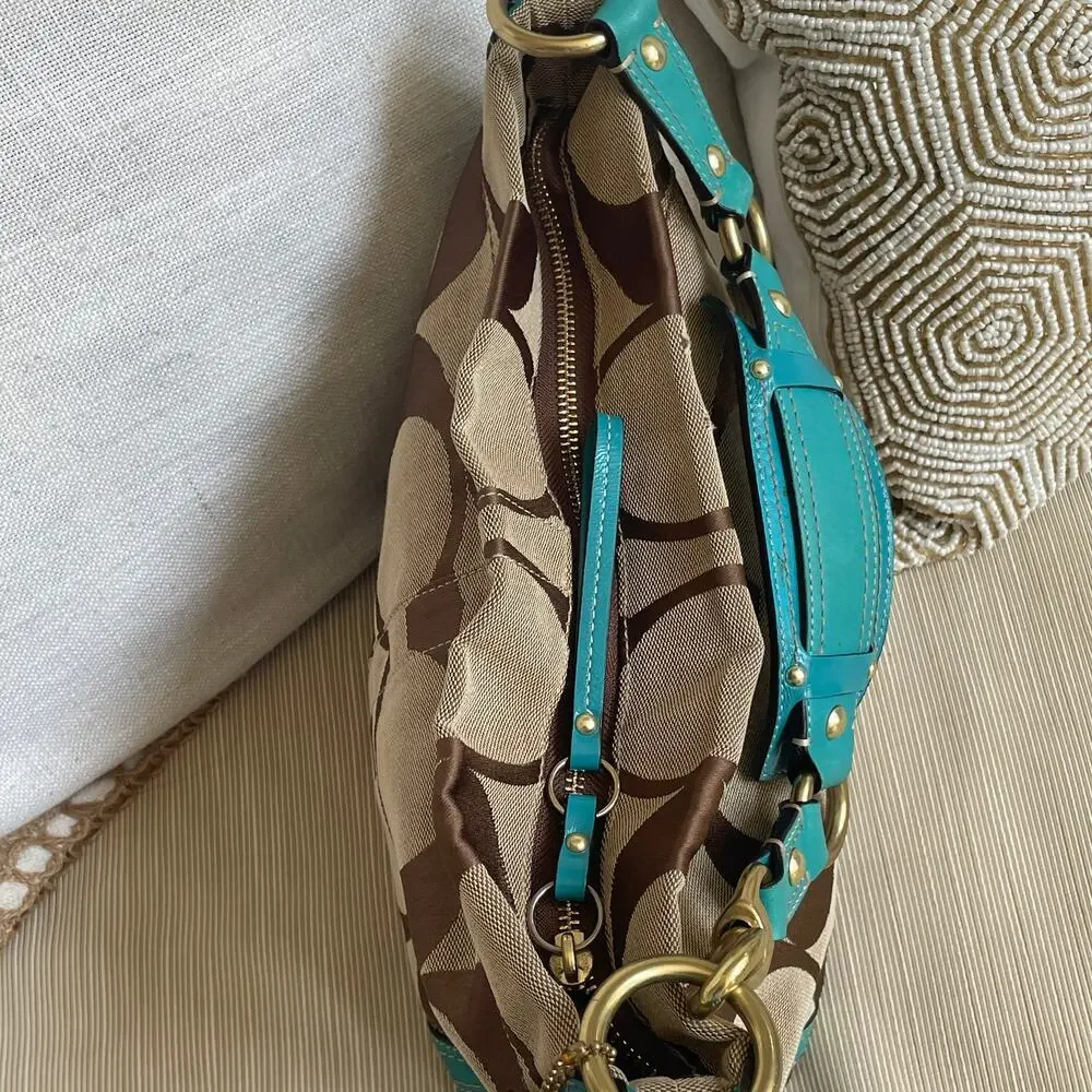 Rare Y2K Coach Carly Small Signature Hobo Bag | Brown, Turquoise Blue, Turnlock